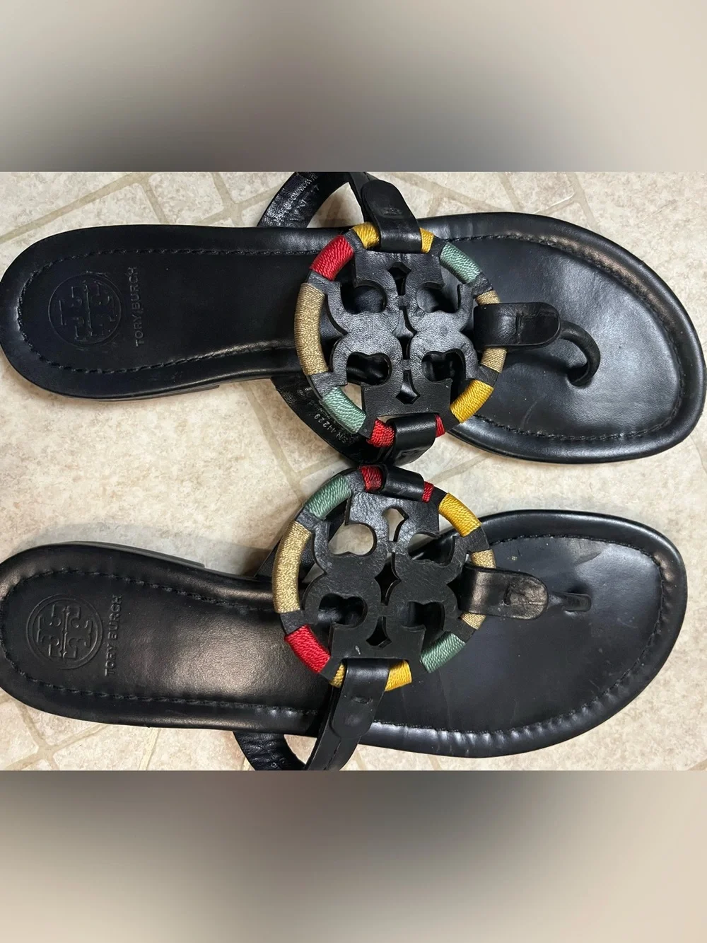 Tory Burch Black Leather Logo Thong Sandals with Red, Yellow & Green Accents